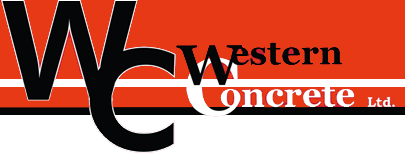 Logo featuring large black letters "W" and "C" with "Western Concrete Ltd." written on a red and white background.